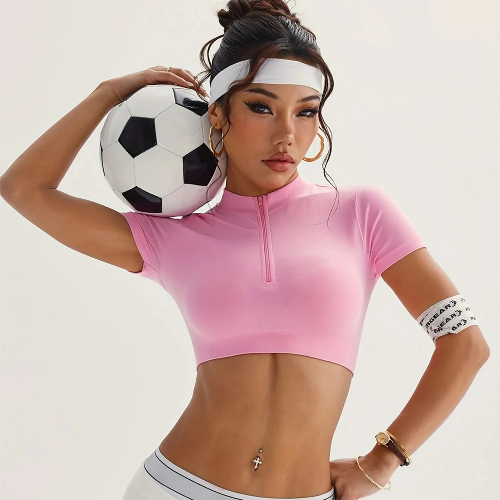 Top corto de Yoga de manga corta con cremallera para mujer, camisetas sin costuras para gimnasio, camisas elásticas, ropa de entrenamiento de verano, ropa deportiva para Fitness