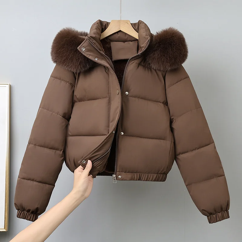 Parkas cortas de invierno para mujer, ropa acolchada de algodón, prendas de vestir exteriores gruesas de terciopelo, abrigos con capucha extraíbles con Cuello de piel, chaquetas cálidas