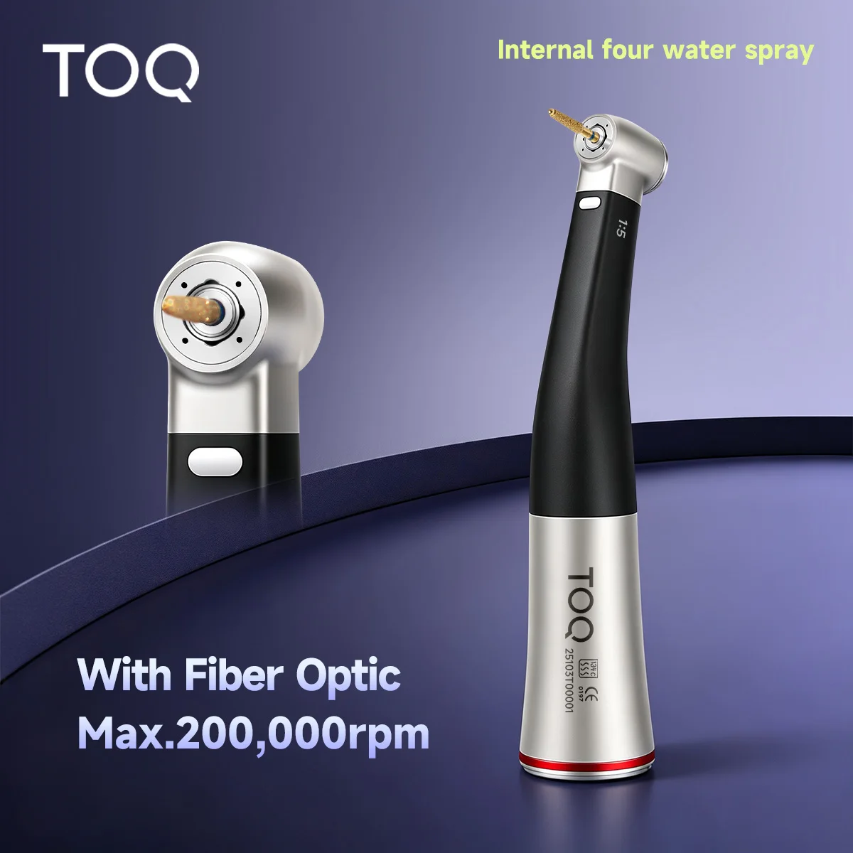 Pieza de mano contraángulo de velocidad aumentada 1:5 con fibra óptica y pulverización de agua interna, compatible con motor eléctrico/de aire para clínica dental