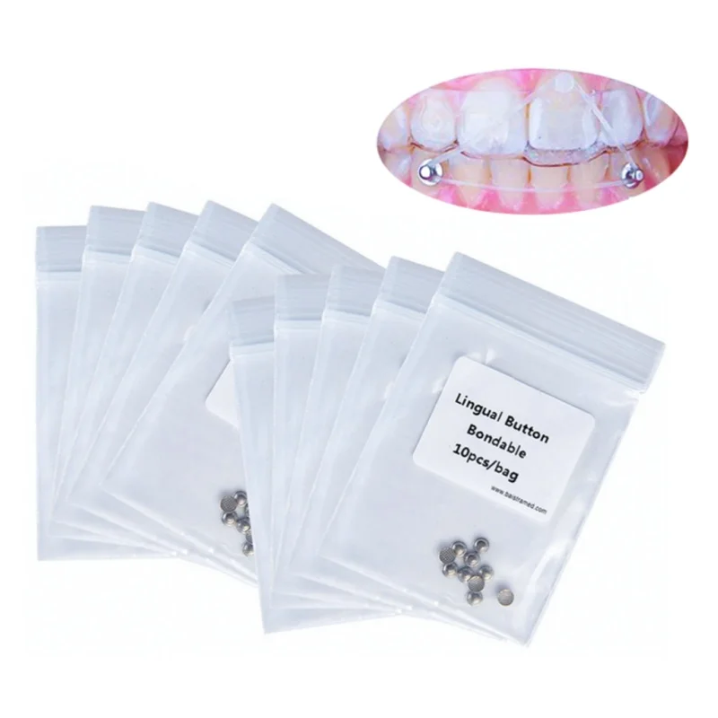 100 Uds. Botón Lingual Dental ortodoncia adhesivo Metal malla redonda lengua hebilla lateral Base redonda