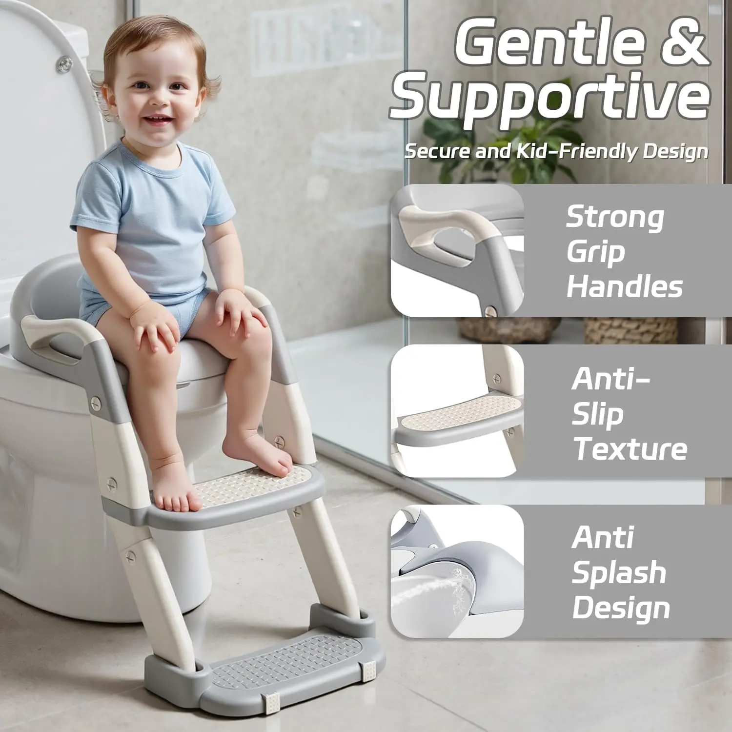 Asiento de inodoro 2 en 1 para niños pequeños con escalera – Asiento de entrenamiento para ir al baño ajustable con escalones y almohadillas antideslizantes, plegable para niños y niñas, entrenador de inodoro para baño (Gris Verde Morado)