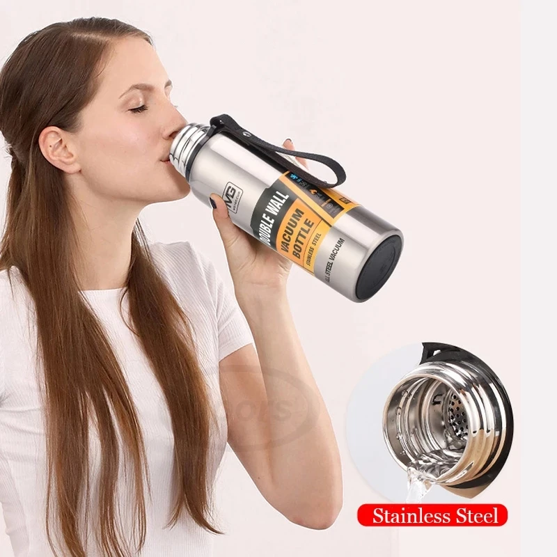 Termo de acero inoxidable 304, frasco de vacío de gran capacidad, vaso aislado con cuerda para bebidas de té, agua fría y caliente