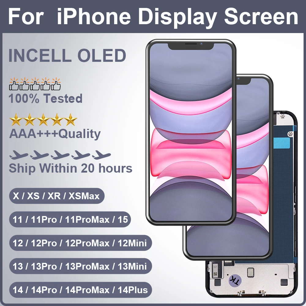 Pantalla LCD INCELL para iPhone X XR XS Max, 11, 12, 13 Pro Max, 13 Mini, 14 Plus, 15 con ensamblaje de digitalizador táctil 3D