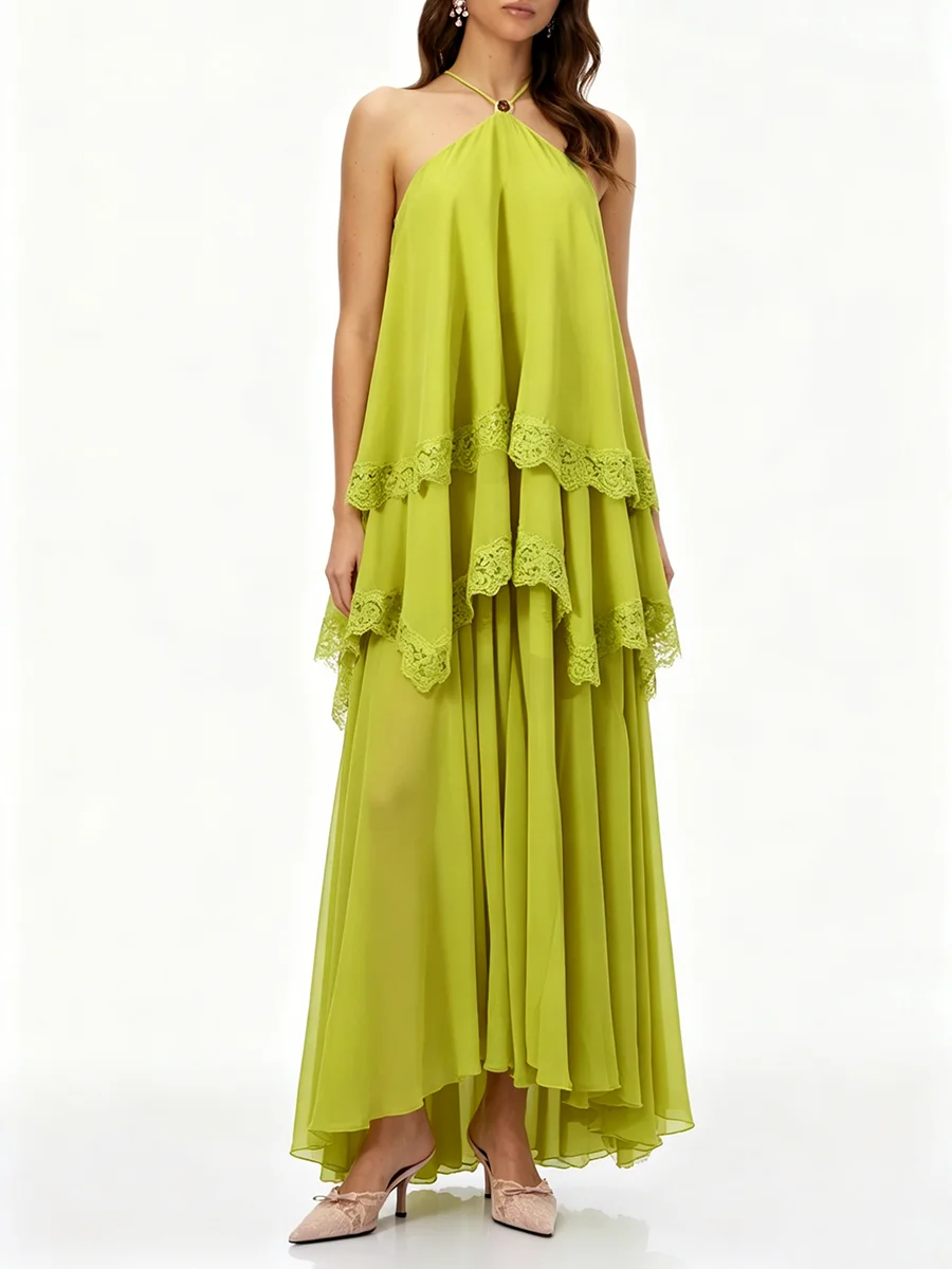 TWOTWINSTYLE Vestido Holgado con Encaje y Parches para Mujer, Cuello Halter, Sin Mangas, con Volantes y Pliegues, Elegante, Nuevo