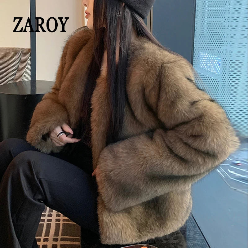 ZAROY Abrigo de piel sintética para mujer, ideal para el invierno, de lujo y elegante, con cuello redondo, tipo cárdigan, chaqueta de piel, abrigo de piel suave y cálido, perfecto para fiestas y banquetes.