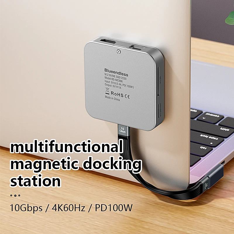 Blueendless multifuncional 8 en 1 M.2 NVME SSD estación de acoplamiento USB3.1 10Gbps 100W PD 4K60HZ HDTV caja magnética M.2 SSD