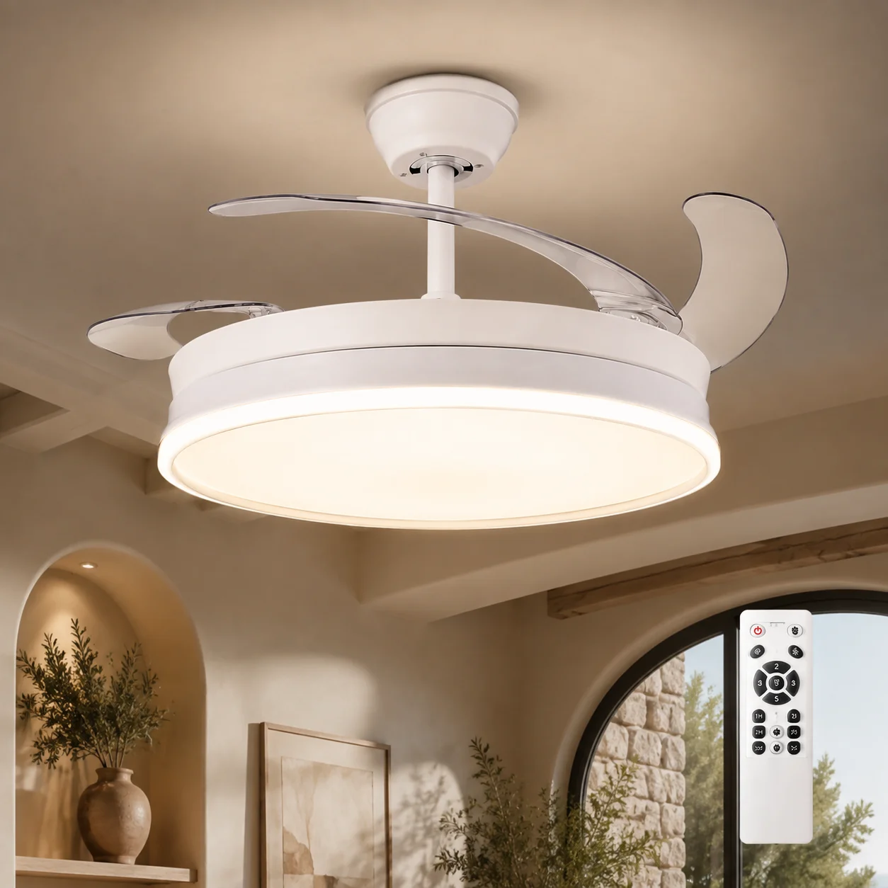 Ventilador de techo retráctil con luz LED integrada, motor DC silencioso y control remoto, 6 velocidades con iluminación CCT regulable para salón dormitorio comedor, ventilador moderno 2 en 1 de bajo consumo y diseño elegante