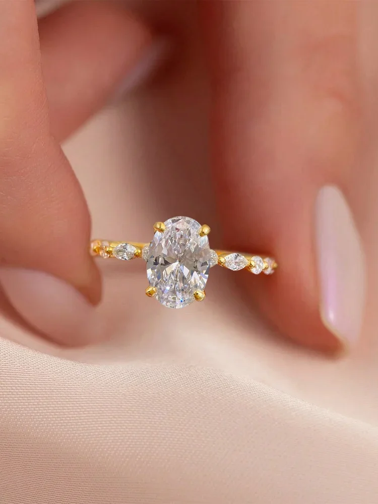 Anillo redondo ovalado dorado de Plata de Ley 925 con circonita para mujer, joyería fina de lujo de alta calidad para compromiso y boda