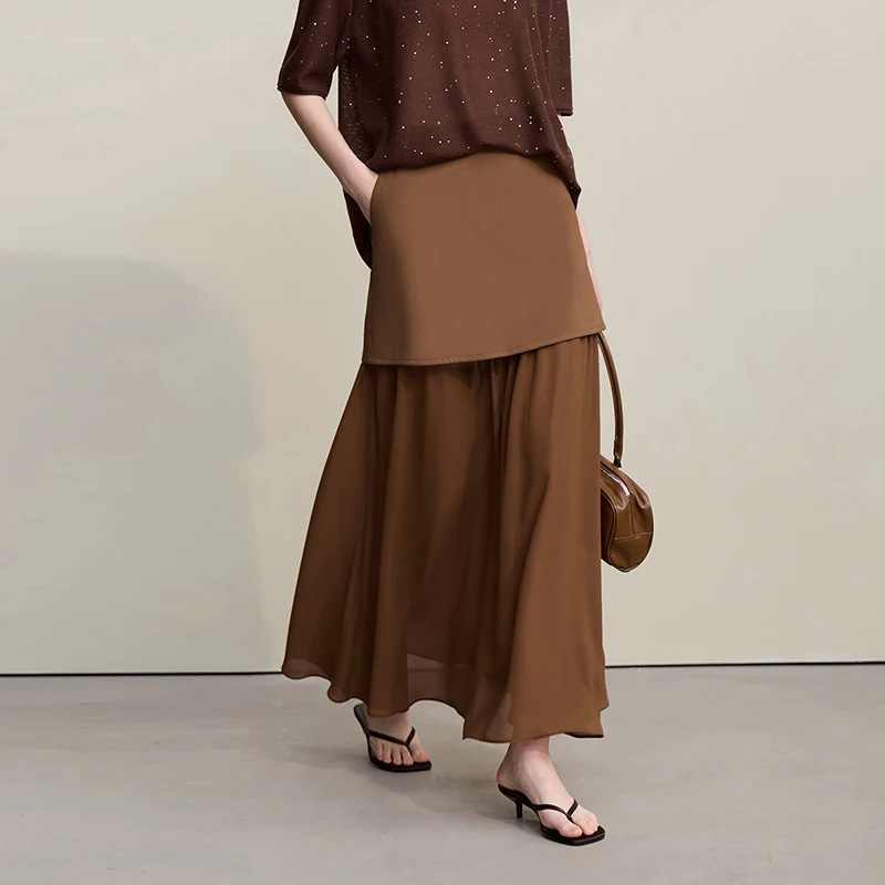 Falda Larga de Chifón con Parches Elegante para Mujer, Nueva Colección Otoño 2026, Color Sólido, Corte Recto, Versátil, Ropa de Mujer 12641047