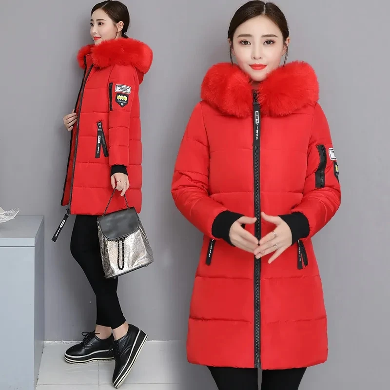 Abrigo de algodón coreano nuevo de invierno 2026 para mujer, chaqueta de longitud media con cuello de piel grande, abrigo grueso y cálido con capucha para mujer