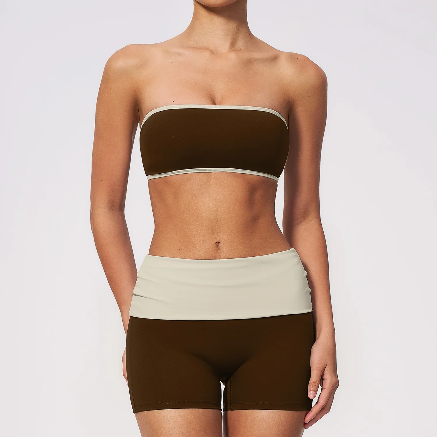 Ropa de Gimnasio, Conjunto Deportivo de 2 Piezas para Mujer, Traje Deportivo, Sujetador Deportivo sin Tirantes, Conjunto de Yoga, Pantalones Cortos con Cintura Plegable, Ropa Deportiva para Correr y Fitness