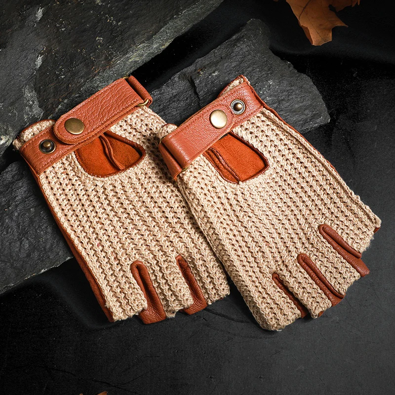 Guantes de cuero sin dedos para motocicleta Retro para hombre para conducir y montar, guantes de medio dedo transpirables de punto