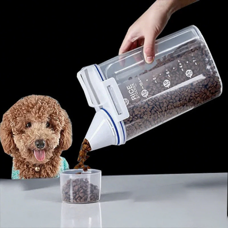 Contenedor de almacenamiento de alimentos para perros y gatos, cubo de plástico con taza medidora hermética a prueba de humedad, suministros para mascotas, tarro de cocina, 1,5 kg/2kg