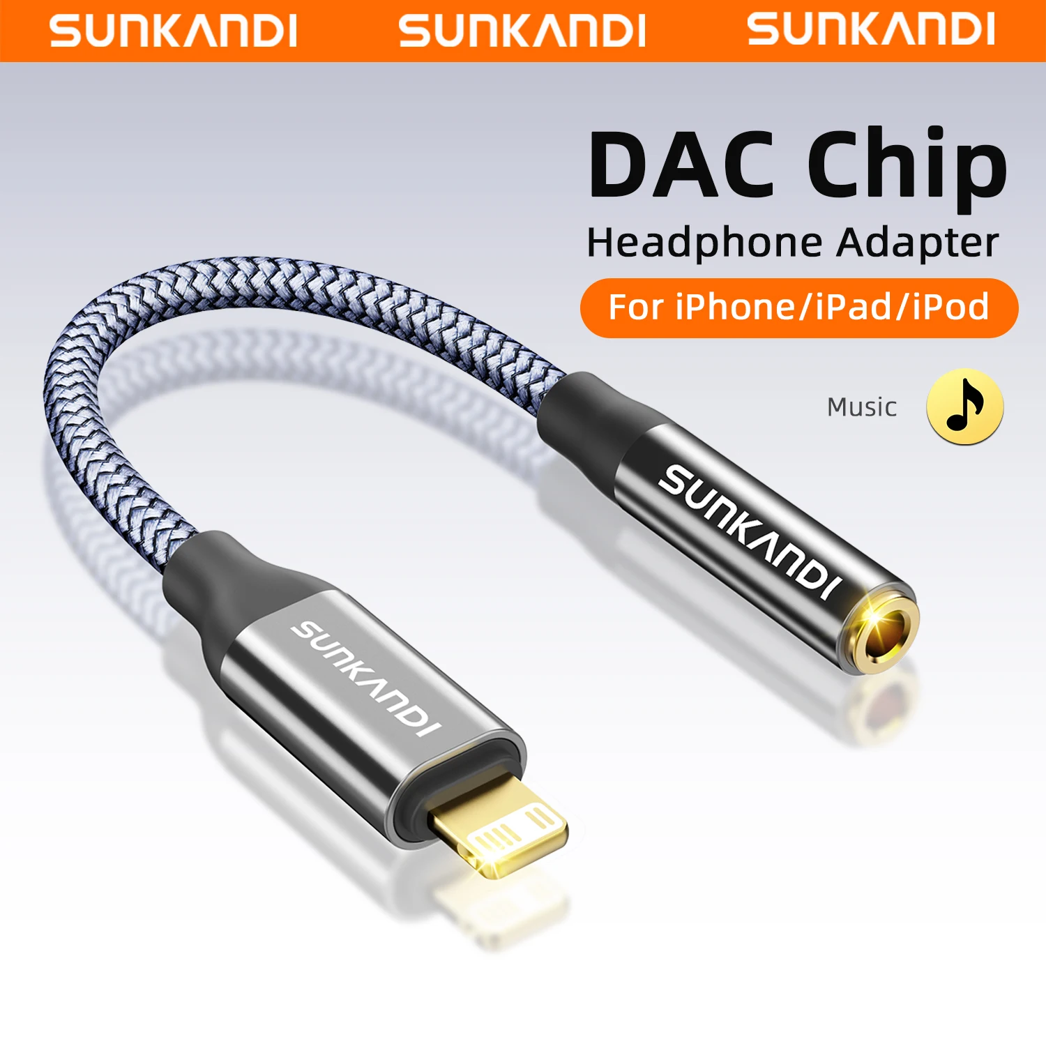Adaptador SUNKANDI Lightning a Conector de Auriculares de 3.5 mm para iPhone, Adaptador con Chip DAC, Cable de Audio para iPhone 14 13 12 11 X XS 8 7