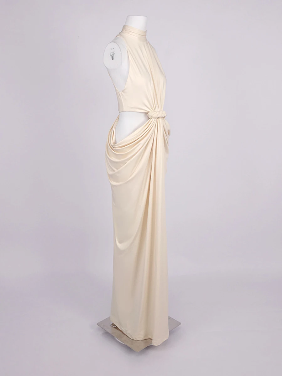 TWOTWINSTYLE, vestidos largos lisos ahuecados con nudo empalmado a la moda para mujer, vestido fruncido de retazos sin mangas con cuello alto para mujer