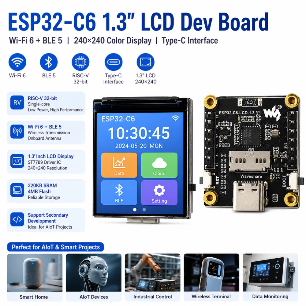 Placa de Desarrollo ESP32-C6 con Wi-Fi y Bluetooth, Módulo de Desarrollo con Pantalla Digital LCD de 1.3 Pulgadas, Circuito Integrado de Controlador ST7789, Puerto Tipo-C