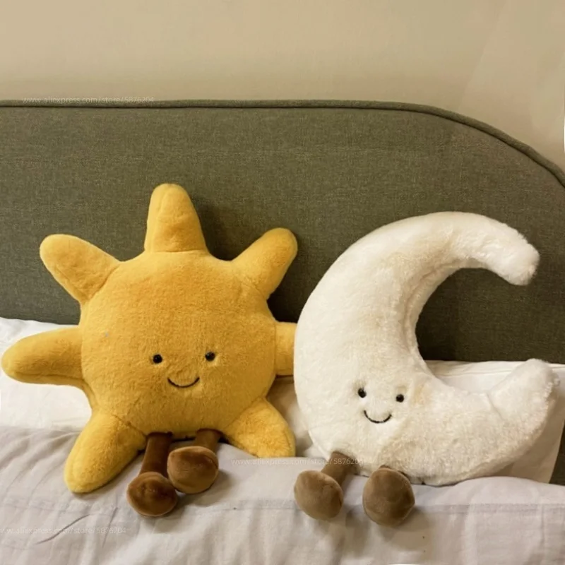 Adorable cara sonriente, Luna blanca, sol amarillo, peluche, lindo juguete de peluche meteorológico de dibujos animados para decoración de dormitorio de niños, almohada para sofá