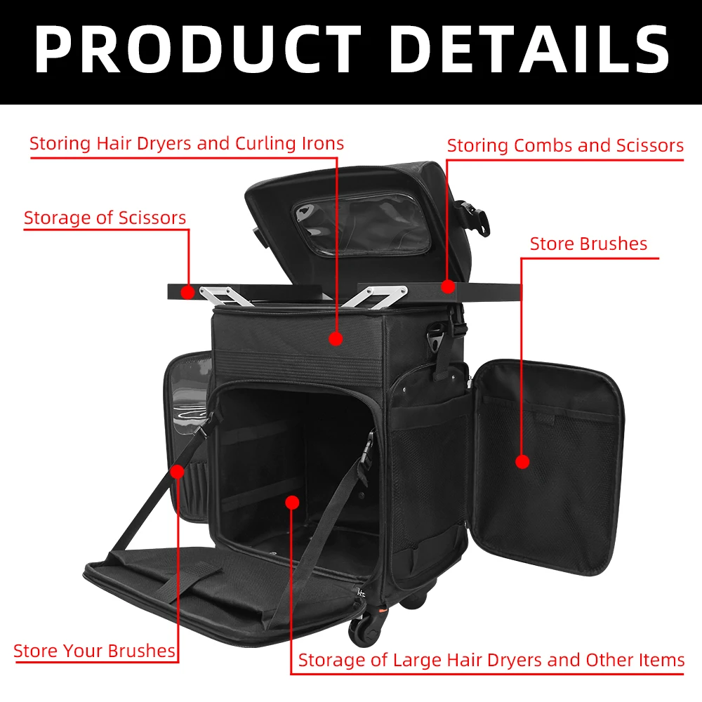 Maleta Profesional con Ruedas para Peluquería/Barbería - Organizador Multifuncional con Asa, Lona, Trolley para Maquillaje