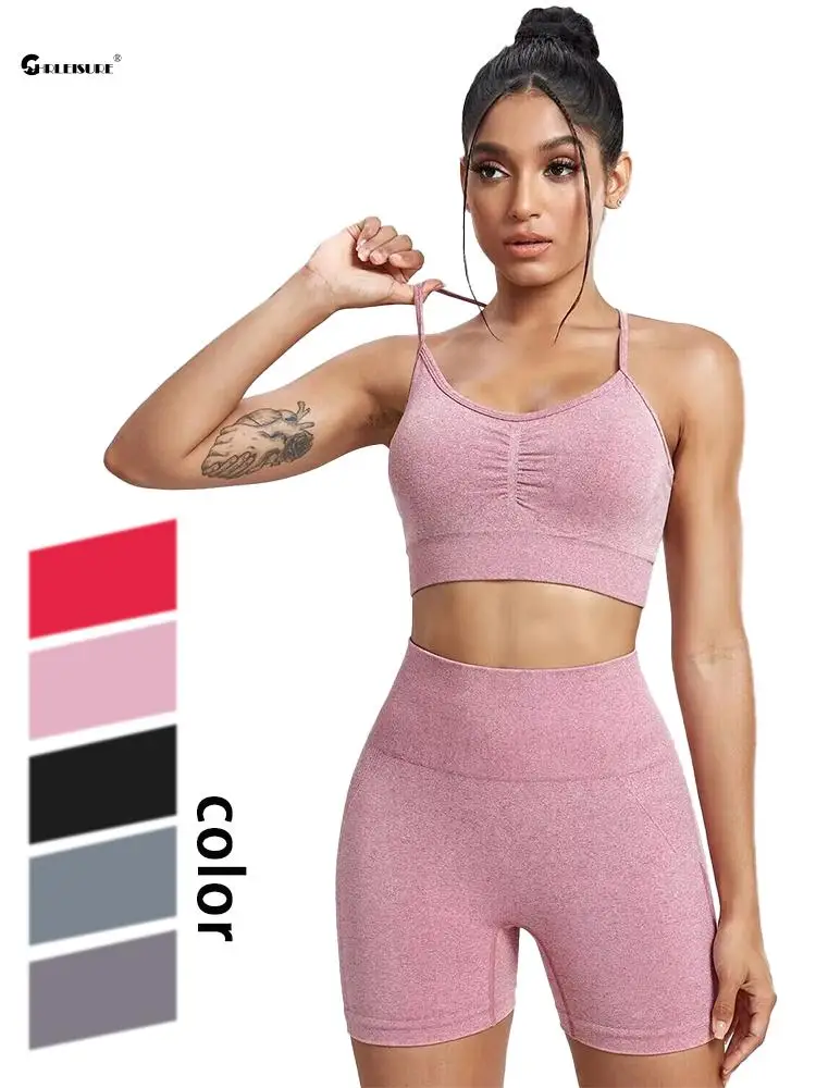CHRLEISURE-Conjunto deportivo sin costuras para mujer, traje de Yoga de 2 uds, sujetador de Fitness con pantalones cortos de ciclismo, traje de entrenamiento elástico para gimnasio, ropa deportiva