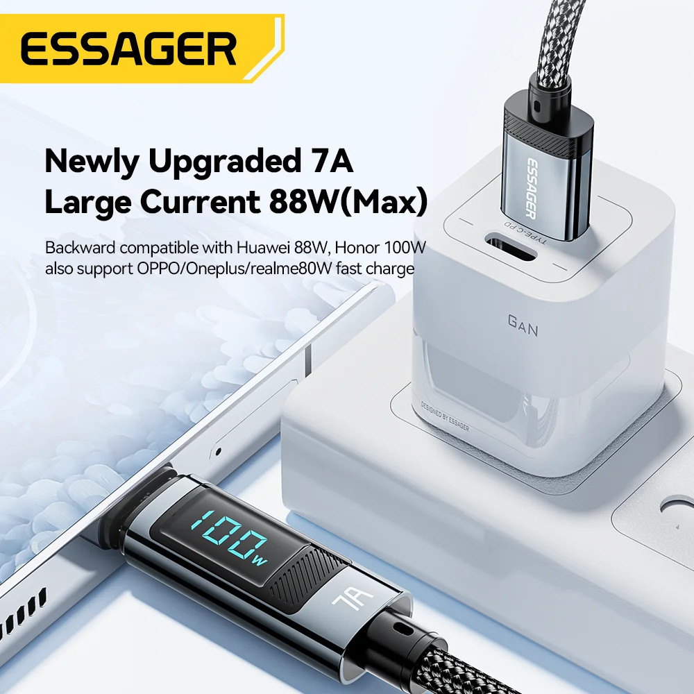 Essager 7A USB tipo C Cable 100W USB C cargador de datos para Realme Huawei P40 30 Pro 66W Cable de carga rápida Samsung Xiaomi Poco