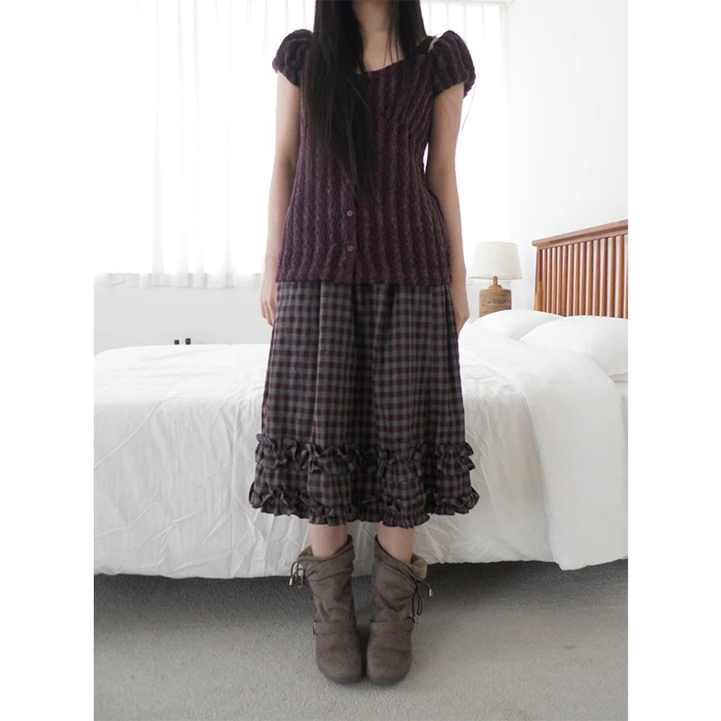 MEXZT-Falda Midi Vintage a cuadros para mujer, Faldas de retales con volantes de Harajuku japonés, ropa de calle informal Y2K, Faldas de corte A, novedad