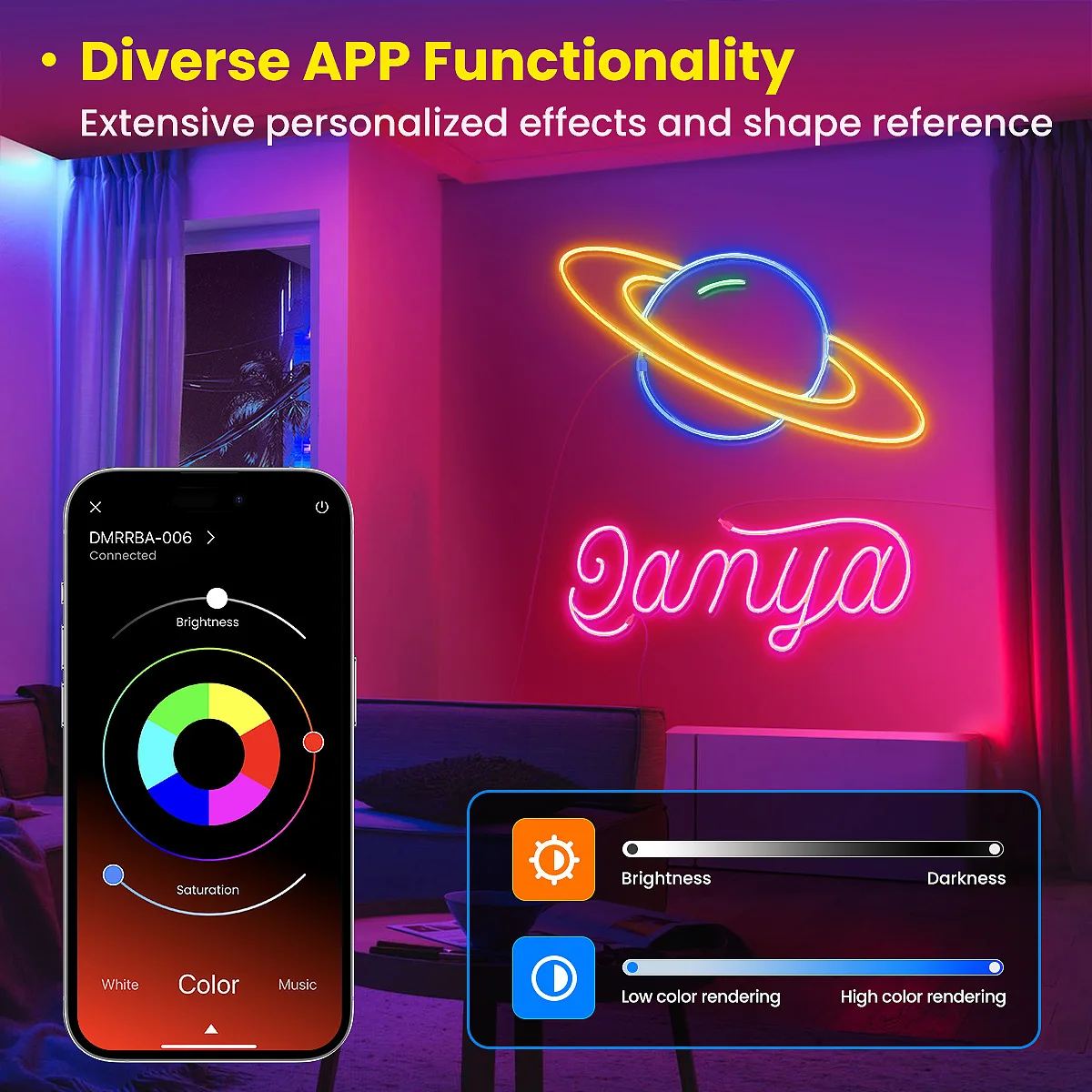 Tira de luces de neón flexibles RGB con aplicación/control remoto, múltiples modos, sincronización de música, lámpara de cuerda de neón con tira LED impermeable IP65