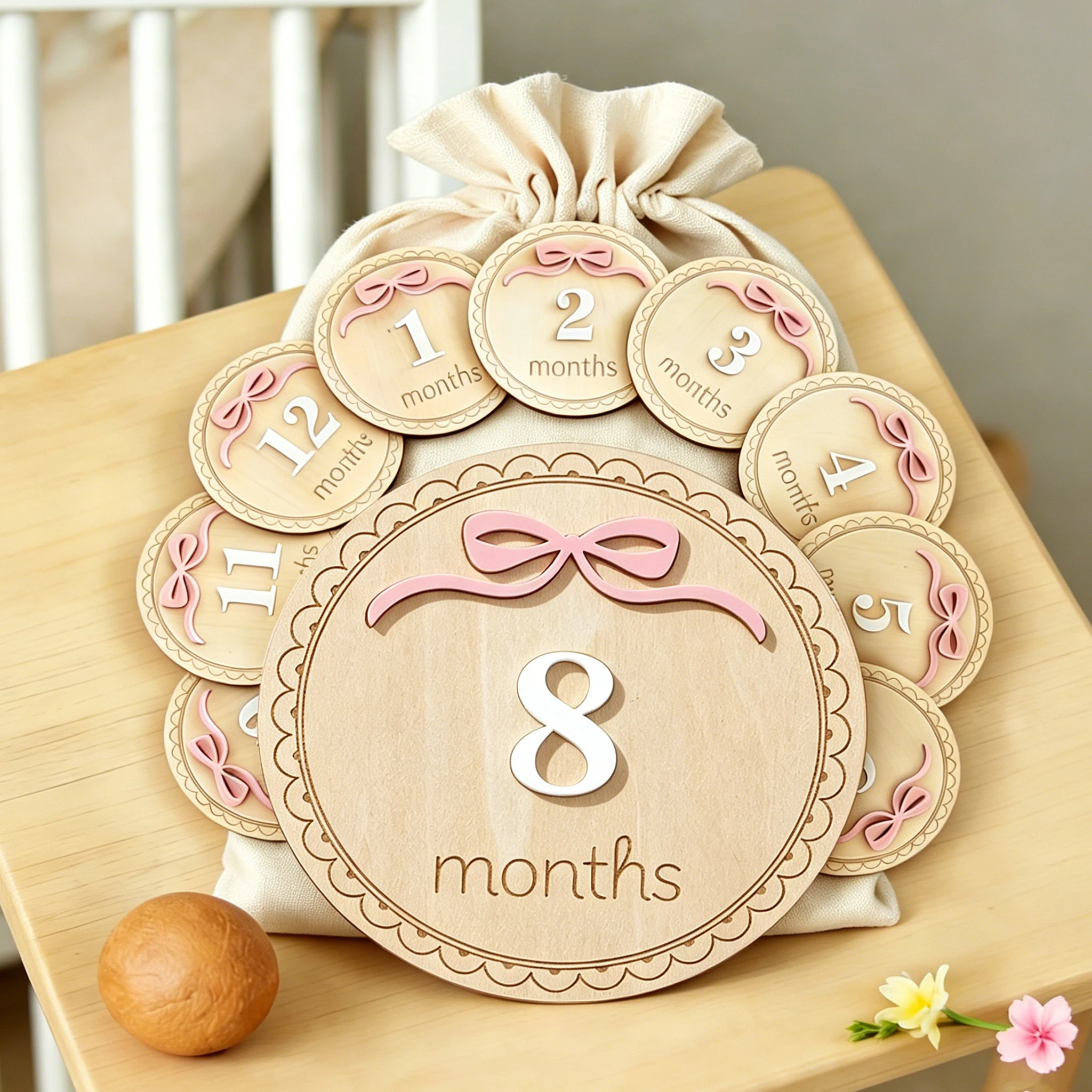 Ylsteed Discos de Madera para Fotografía de Recién Nacidos de 1 a 12 Meses, con Lazo Rosa, Tarjetas de Recuerdo con Fotos Grabadas en 3D, Regalo para Baby Shower -HD