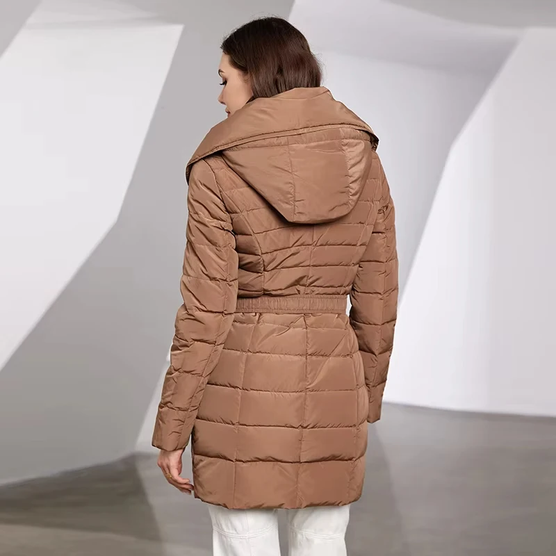 Astrid 2023 Nueva Chaqueta de Invierno para Mujer con Capucha y Cinturón, Parka Larga Acolchada Cálida, Abrigo Acolchado a Cuadros, Chaqueta de Plumón Gruesa para Nieve