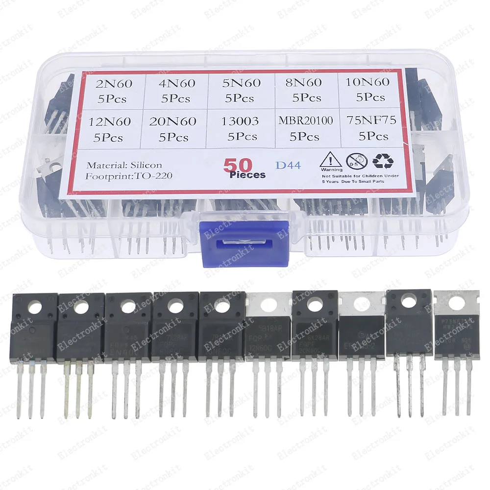 Kit de transistores Mosfet, caja de 50 piezas, 10 valores TO-220, 2N60, 4N60, 5N60, 8N60, 10N60, 12N60, 20N60, 13003, MBR20100, 75NF75