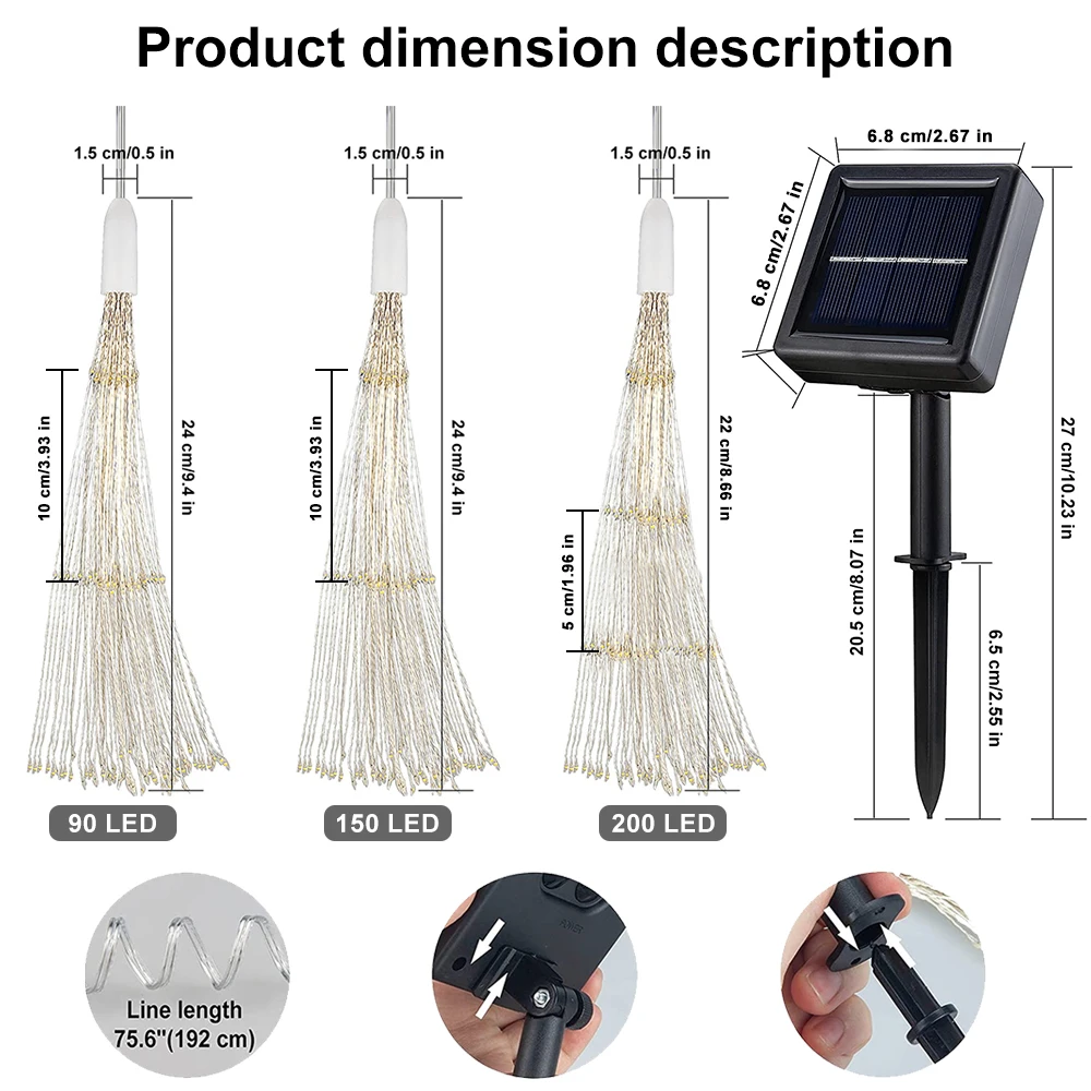 Luces solares de fuegos artificiales para exteriores, 90/150/200 LED, 8 modos, guirnaldas de luces colgantes de alambre de cobre para patio, tienda de campaña, fiesta, Navidad