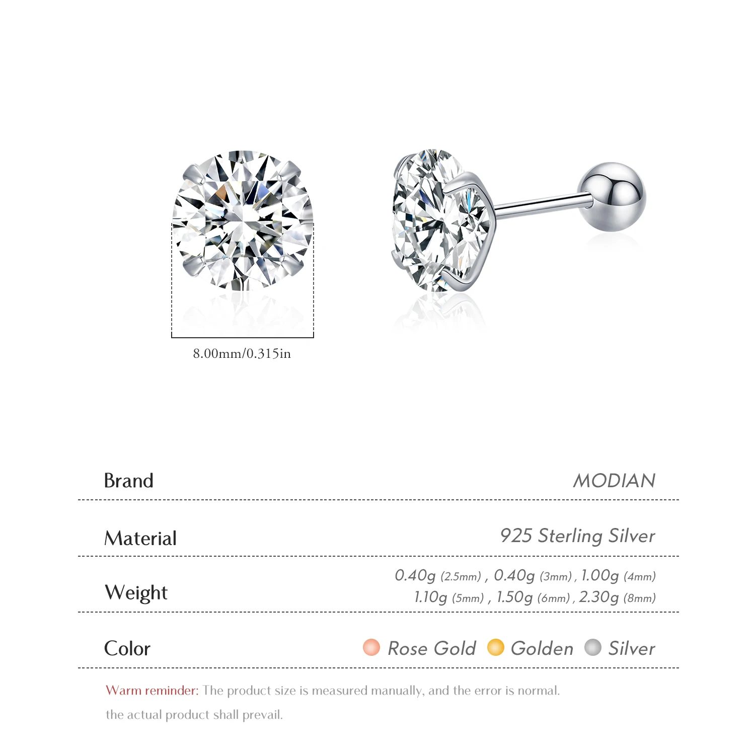 Pendientes MODIAN Multicolor de Plata de Ley 925 con cuentas elegantes, pendientes clásicos redondos con circonita cúbica para mujer, joyería de 2,5 MM-8MM