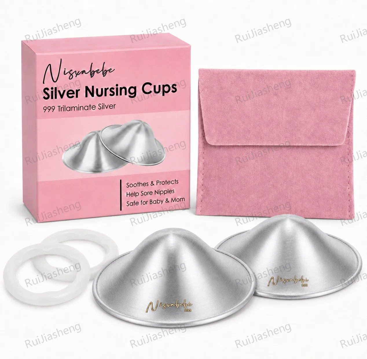 Las Copas de Lactancia Plateadas Originales, 2 Protectores de Pezones Plateados Trilaminados con 2 Anillos de Silicona para Lactancia