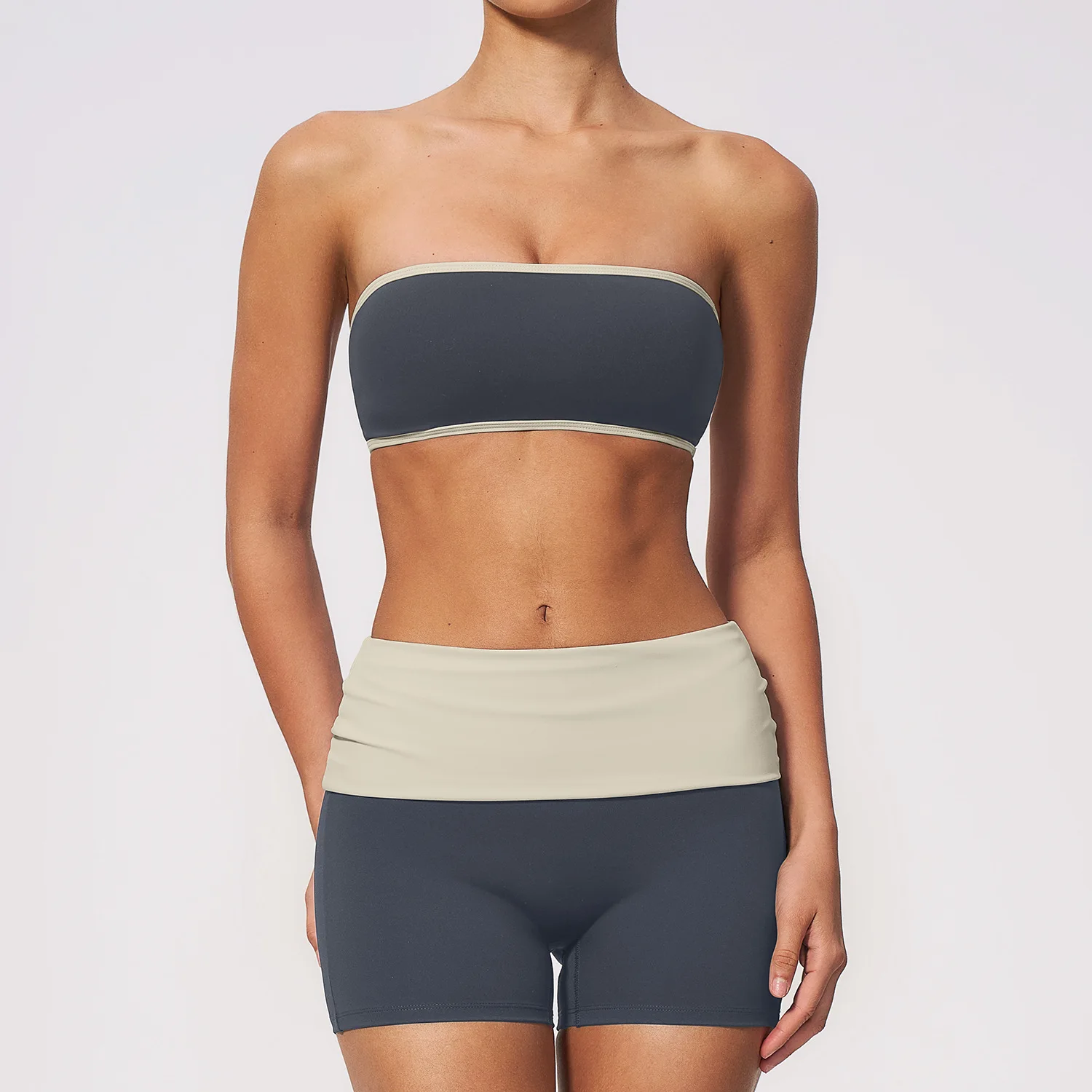 Ropa de Gimnasio, Conjunto Deportivo de 2 Piezas para Mujer, Traje Deportivo, Sujetador Deportivo sin Tirantes, Conjunto de Yoga, Pantalones Cortos con Cintura Plegable, Ropa Deportiva para Correr y Fitness