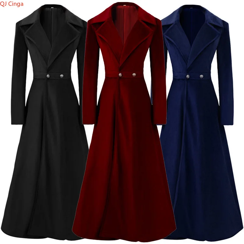 2026 Recién llegados de primavera: gabardina roja de manga larga para mujer, chaqueta larga azul con cuello en V, abrigo vintage negro.