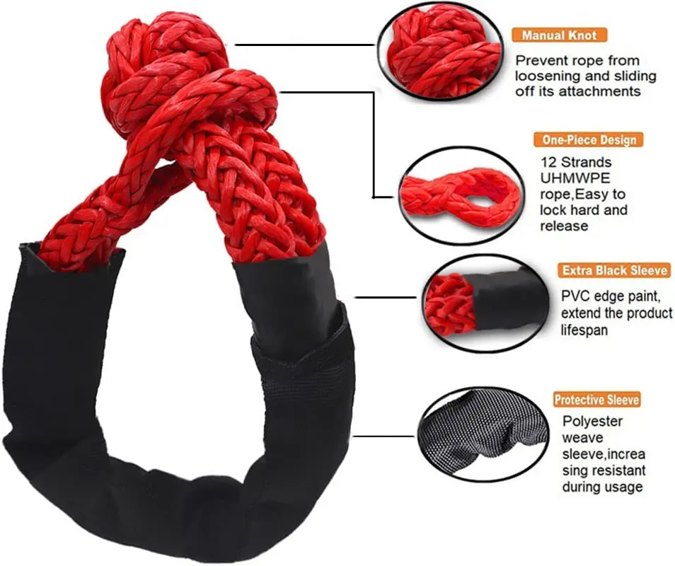 Cuerda de cabrestante de 55000 libras, grillete suave sintético o juego de anillos de recuperación, grilletes resistentes con funda protectora para recuperación de vehículos y camiones
