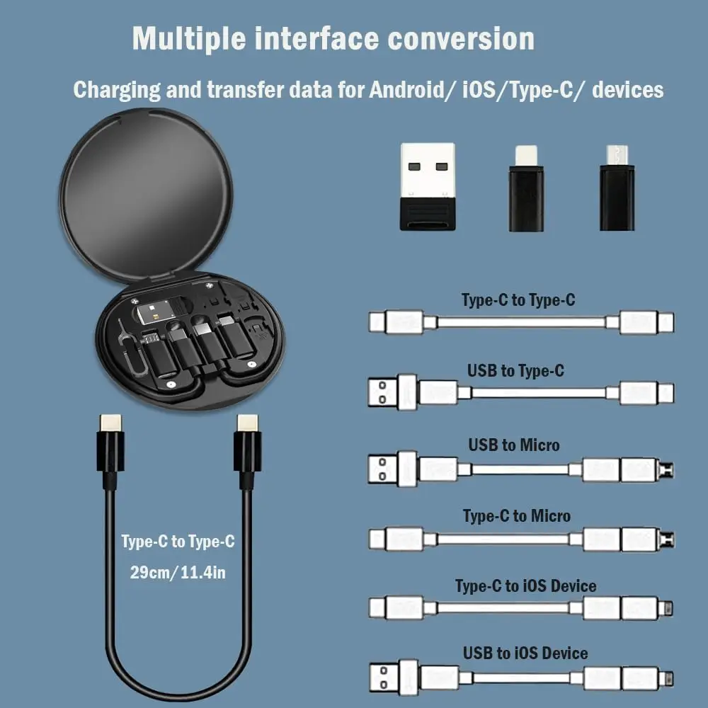 Caja de Almacenamiento de Cables de Datos Multifuncional Portátil, Soporte para Teléfono Móvil con Carga Rápida de 60W, Juego de Cables de Carga, Conversor Multi-Cabeza