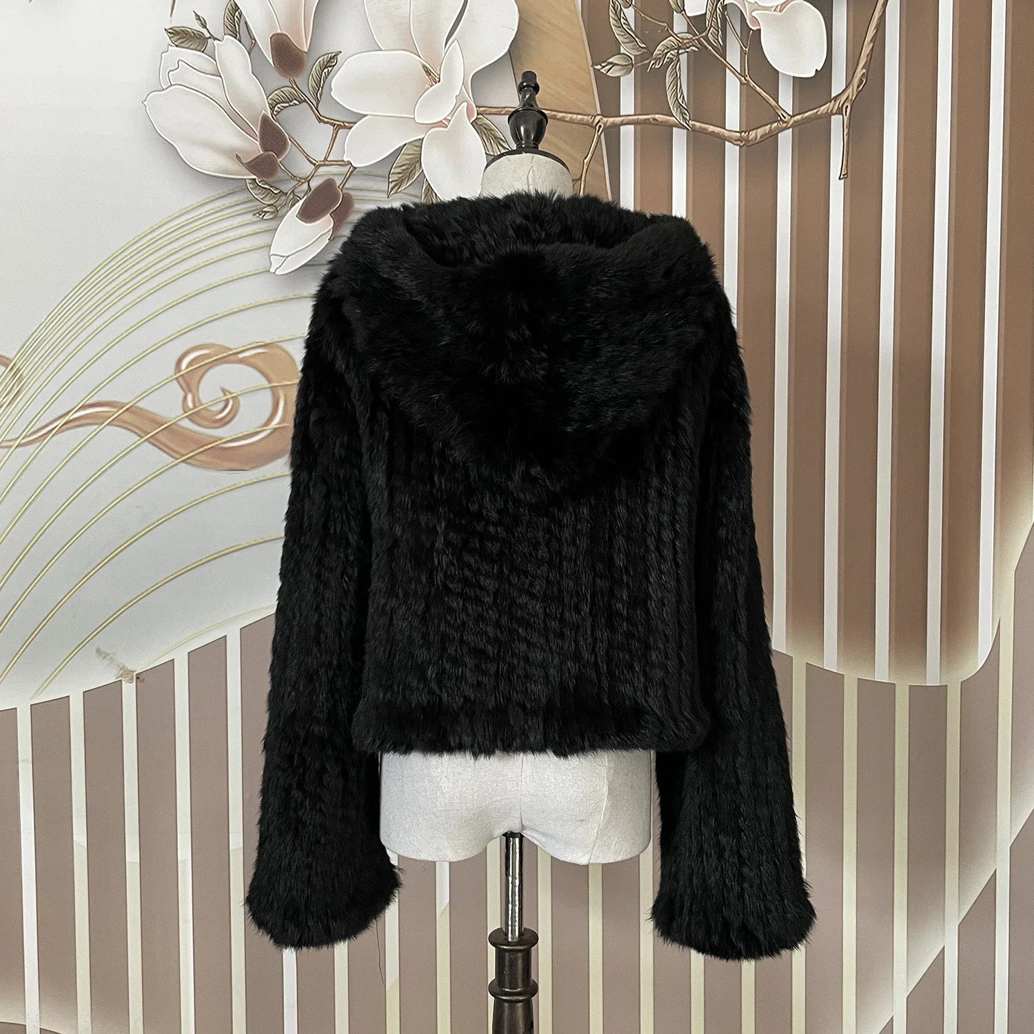 Abrigo con capucha de piel de conejo auténtica para mujer, chaqueta de piel auténtica holgada informal de manga larga con capucha, prendas de vestir de piel Natural para mujer