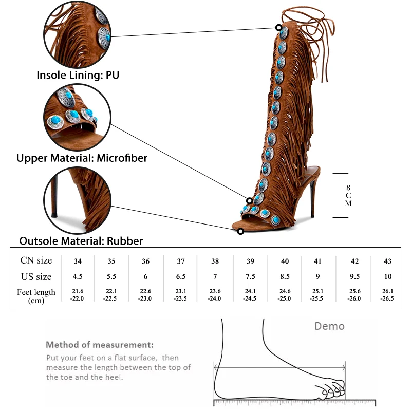 GMQM 2025 nuevo Festival de verano botas hasta la rodilla para mujer sandalias con tiras y flecos punta abierta con cordones borlas tacón alto para zapatos elegantes