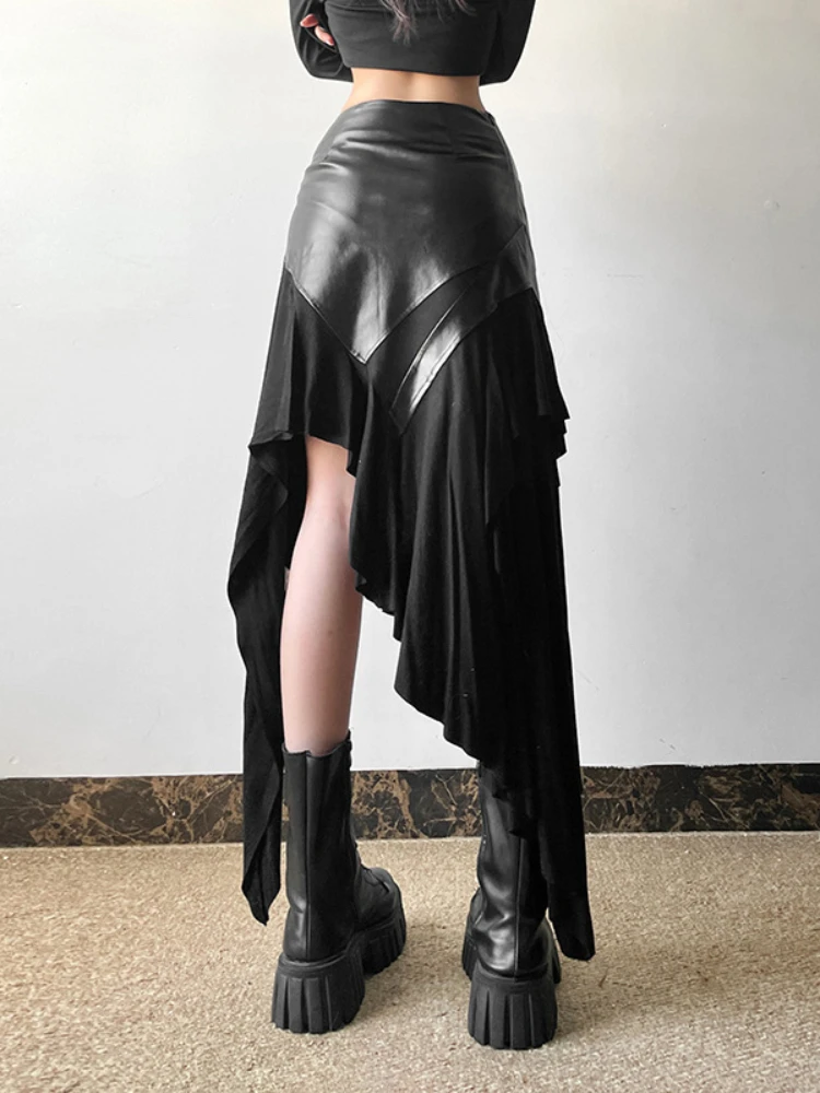 AltGoth-falda Harajuku Cyber Punk para mujer, ropa de calle gótica de Academia oscura, nueva moda Y2k, falda Irregular de cintura alta de retazos de Pu