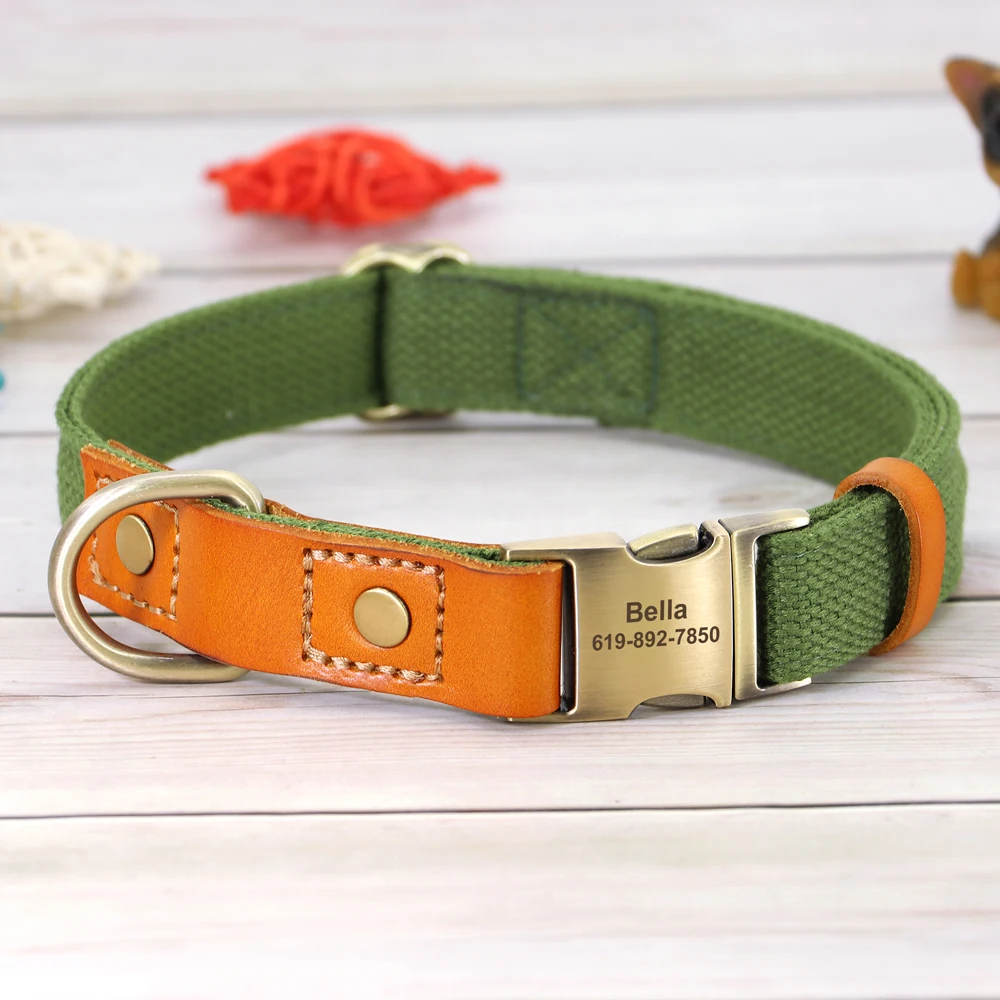 Collar de nailon personalizado para perro y cachorro, conjunto de correa de cuero genuino personalizado, placa de identificación para mascotas, accesorios, collares, productos para mascotas Perro