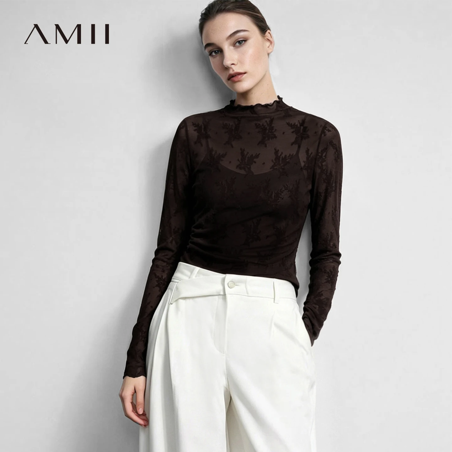 Camisetas de Mujer Amii con Cuello Alto, Otoño 2026, Manga Larga, Jacquard, Encaje, Tejido de Punto, Tops Elegantes y Ajustados para el Trabajo, Ropa de Mujer 12623032
