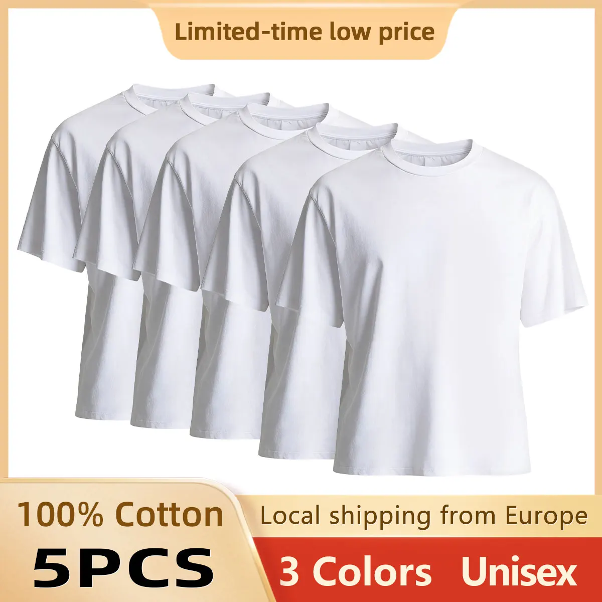 Camiseta 100% algodón, paquete de 5, suave, transpirable, resistente a la decoloración, para hombre y mujer, cuello redondo, camiseta de verano, negra/blanca/gris, unisex.