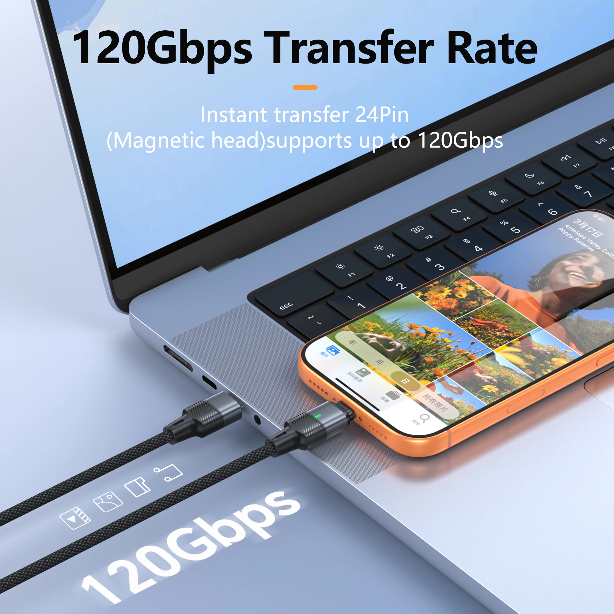 Cable Magnético USB-C Boxiang 240W 48V5A PD3.1, Carga Rápida, Conector Magnético, Sincronización de Datos de Alta Velocidad 120Gbps, Cable Cargador Tipo C de Doble Uso