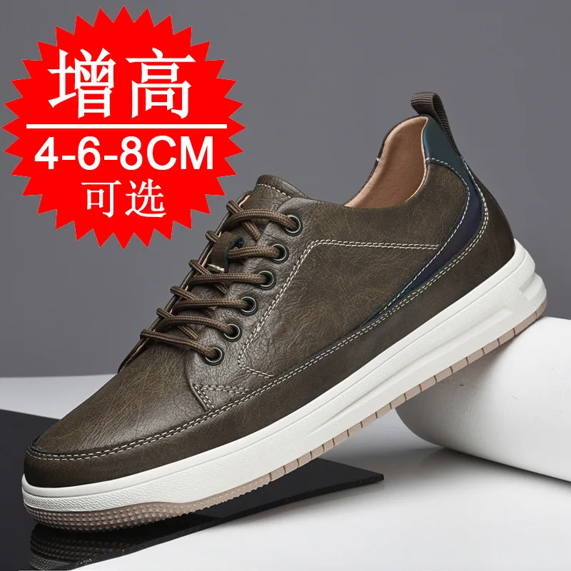 Zapatillas de deporte blancas invisibles con aumento de altura de 6cm y 8cm para hombre, zapatos informales con aumento de Cortex, zapatos con elevador de cuero PU a la moda