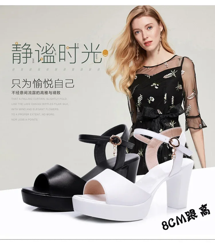 Sandalias de piel auténtica para mujer, zapatos de tacón alto, con plataforma, talla 32-43, 2024