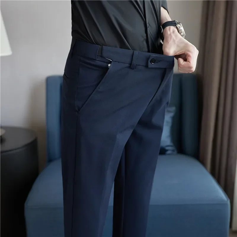 Pantalón de traje para hombre, pantalones de vestir ajustados lisos con cintura elástica de otoño, pantalones sociales informales de negocios para oficina, ropa de talla grande 40 38 para hombre