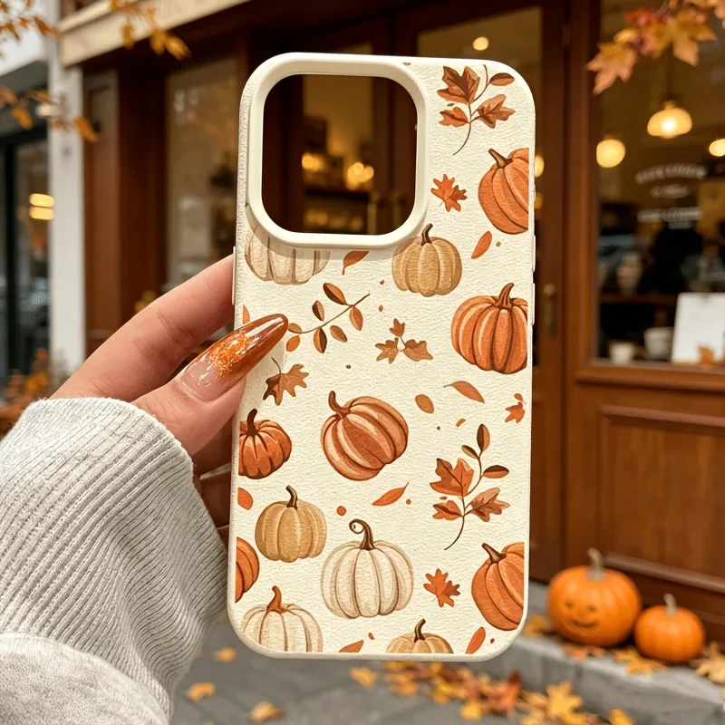 Funda Protectora Anticaída con Diseño de Hojas de Otoño y Calabaza para iPhone 18 Pro Max 17 Pro 16 Plus 15 14 13 12 11 17 17E XS X XR