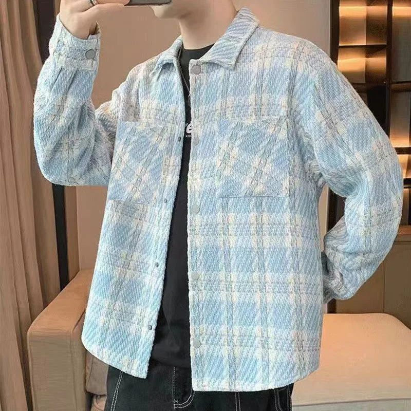 Chaqueta sin cuello ajustada de tweed de lana para primavera/otoño/invierno para hombre con diseño de franjas de diferente color para un look juvenil