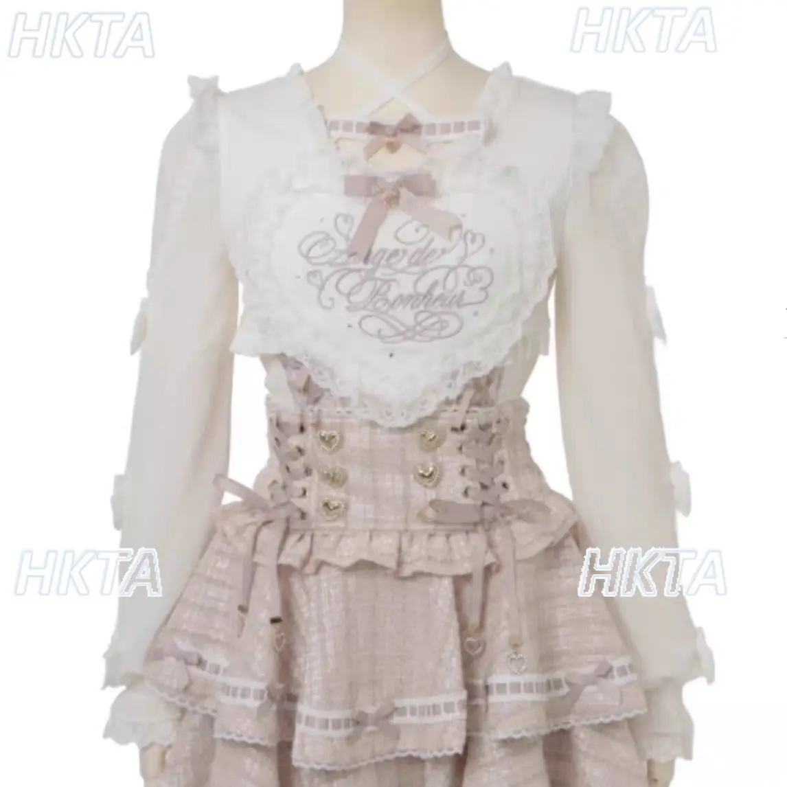 Camisas Lolita Japonesas Nuevas, Dulces y Lindas, Color Rosa Blanco, para Mujer, Estilo Kawaii, con Encaje, Corazón Grande, Tirantes Cruzados, Mangas Largas, Blusas, Camiseta Liz