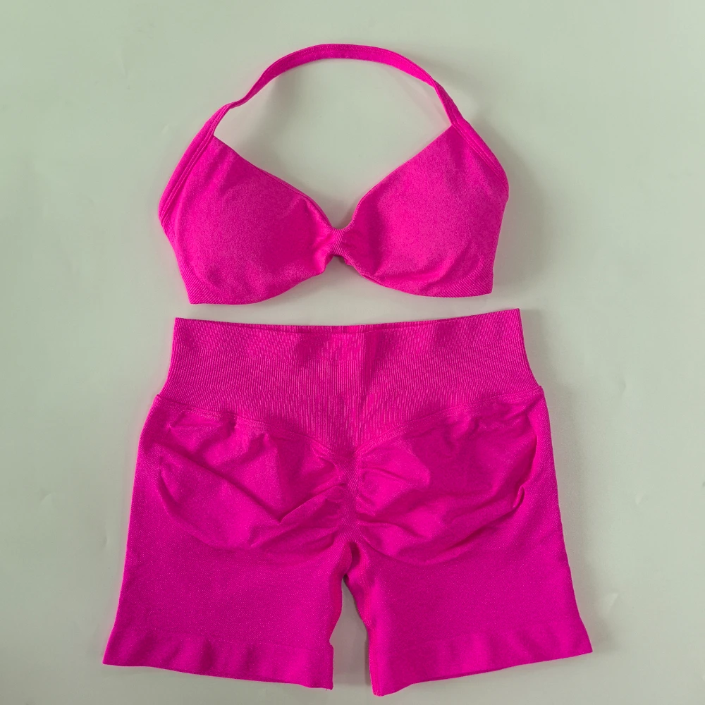 Conjunto de gimnasio sin logotipo para mujer, sujetador de Yoga con tiras, Top de cintura alta, pantalones cortos de entrenamiento, traje deportivo, conjunto de Yoga sin costuras, ropa de Fitness, 2 uds.